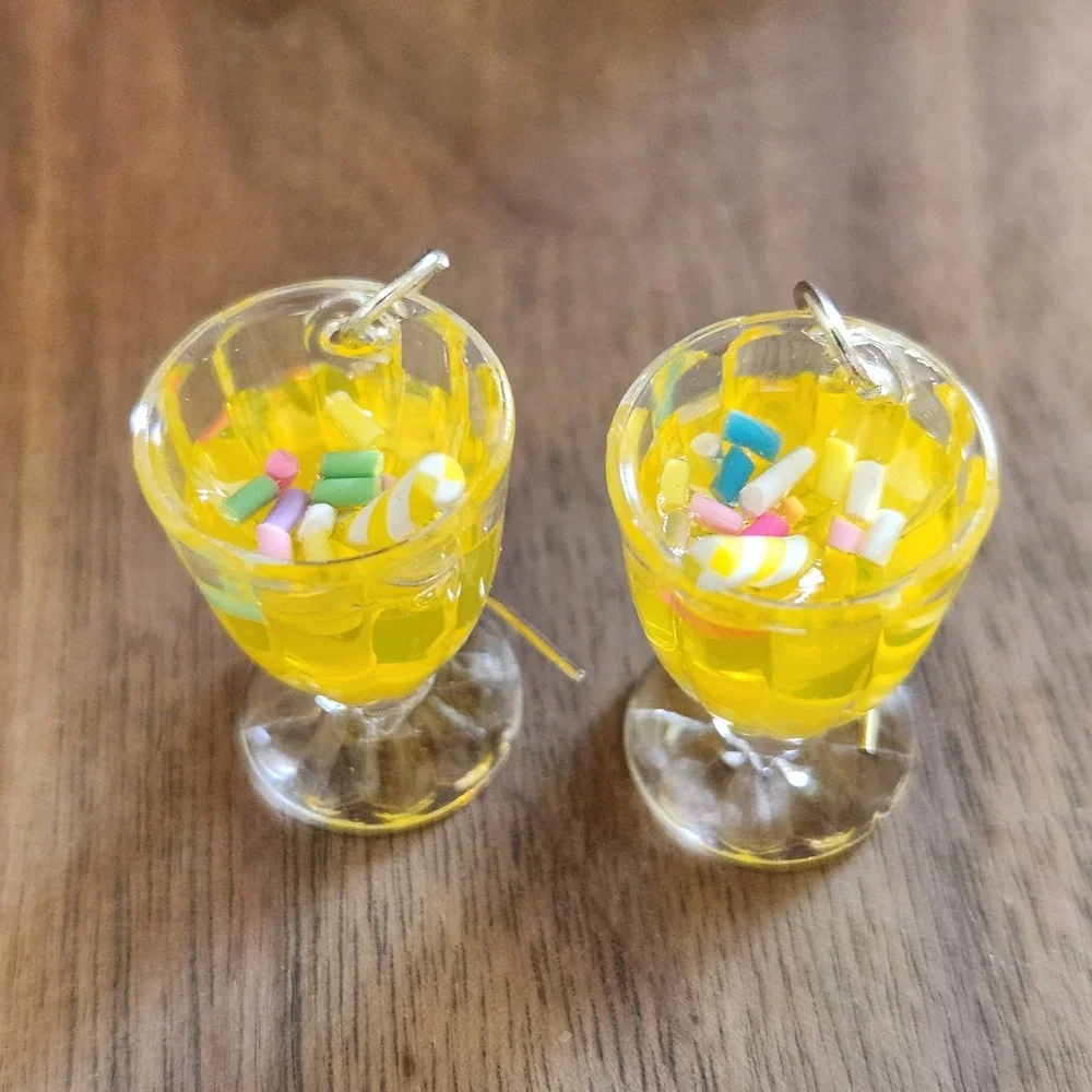 Handmade Yellow Lemonade Glass Drink Earrings Miniature Food Dangle Drops Summer